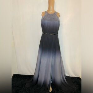 Halston heritage sleeveless long pleated ombré multi dress with slit and belt